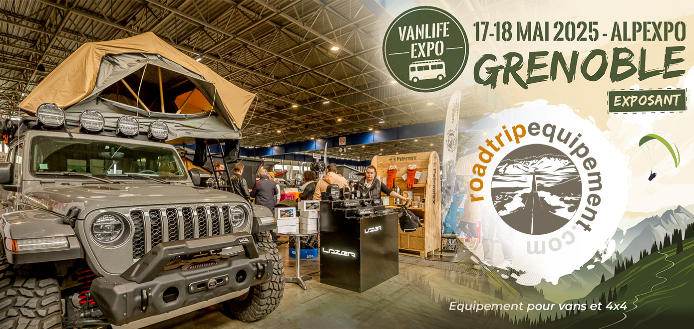 RoadTripEquipement-VanlifeExpo2025-Grenoble RoadTrip Équipement, boutique en ligne d'équipement et accessoires pour 4x4 et van, expose ses produits à la Vanlife expo de Grenoble, les 17 et 18 mai 2025. Alpexpo.